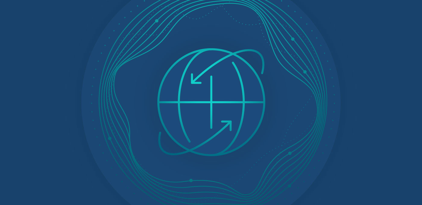 Teal globe icon with curved arrows on a dark blue background.